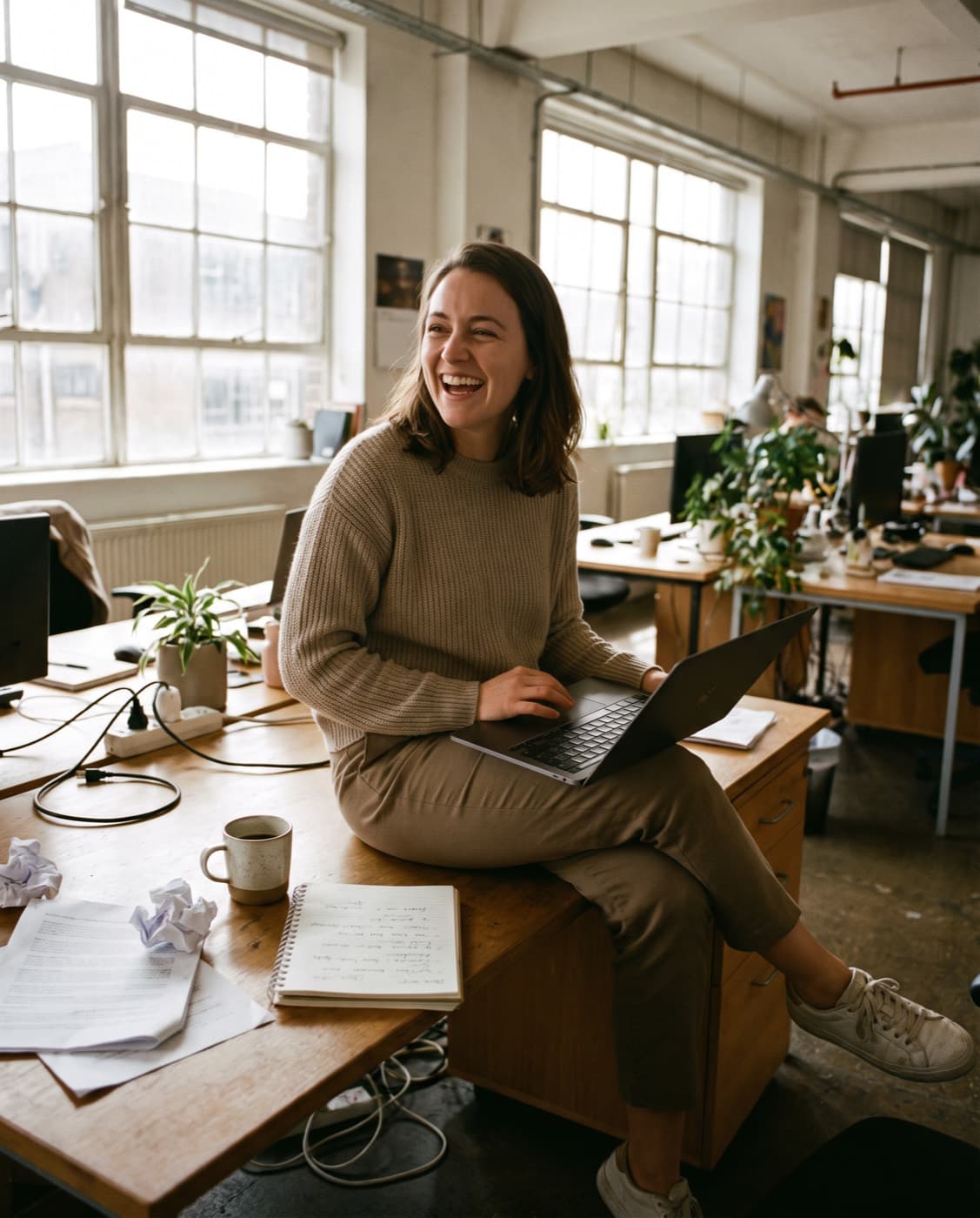 A marketing operations lead working from a laptop in a bright open-plan office