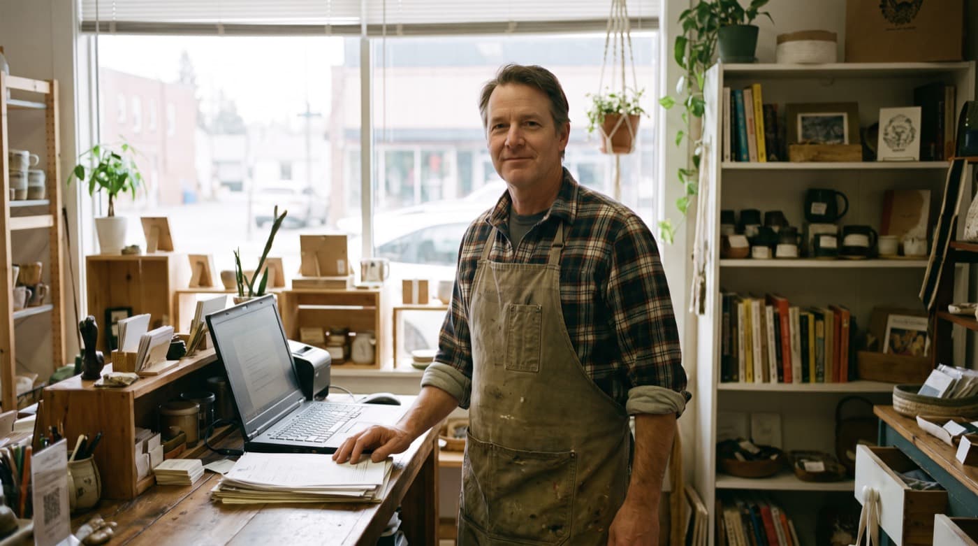 A small business owner working from a laptop behind their own counter