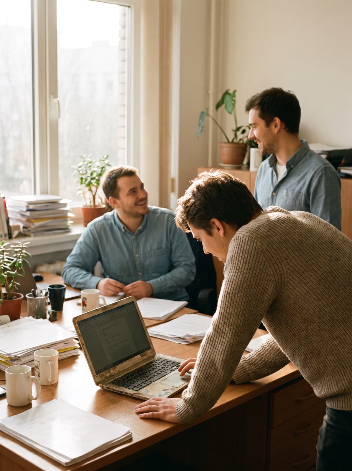 Three colleagues at a table in a bright office, laptops open, mid-discussion